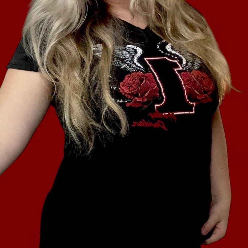 Black Harley Davidson T-Shirt with Red Rose and Wing Design